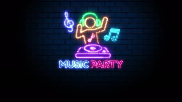 Music Party Dj Neon Sign on Brick Wall alt
