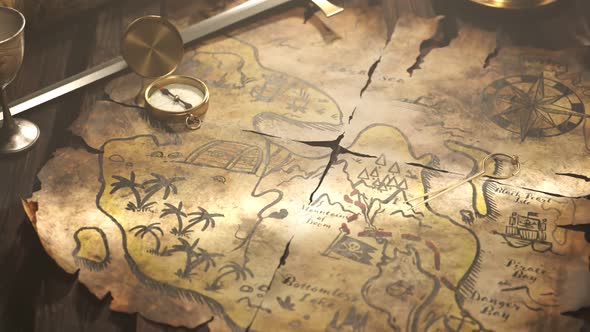 Funny hand-drawn ancient map with animated drawings. Treasure chest full of gold alt