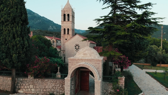 Aerial View of Ancient Monastery in Montenegro alt