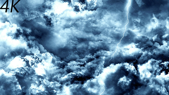 Flying Through Abstract Dark Night Thunder Clouds with Lightning Strikes