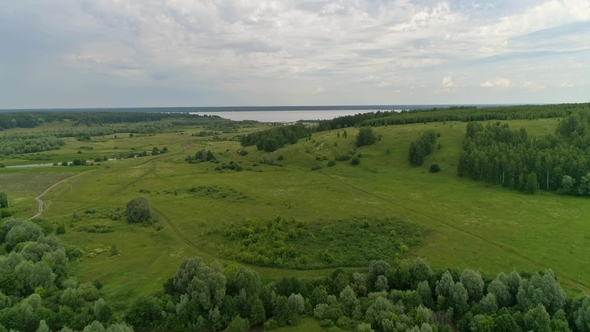 Aerial Green Summer Fields with River alt