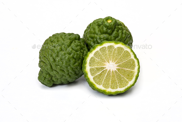 Bergamot fruit kaffir limes on a white background - Stock Photo - Images