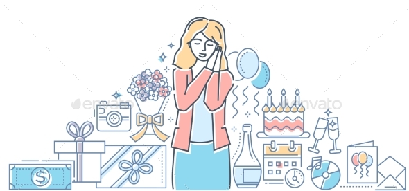 Happy Birthday - Colorful Line Design Style - People Characters