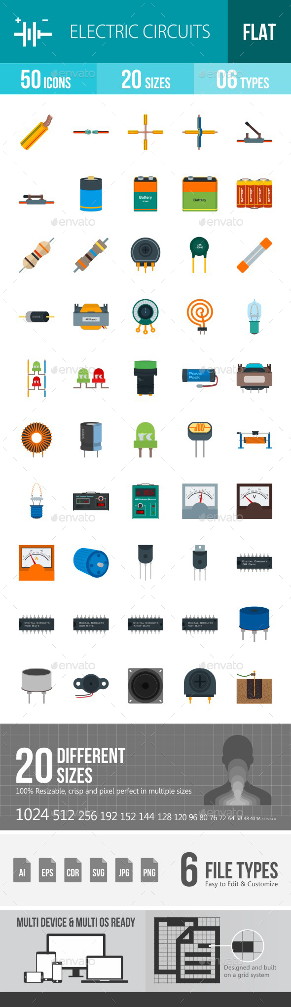 Electric Circuits Flat Multicolor Icons - Icons