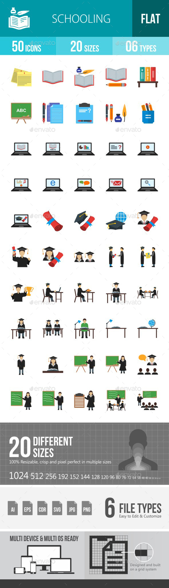 Schooling Flat Multicolor Icons - Icons
