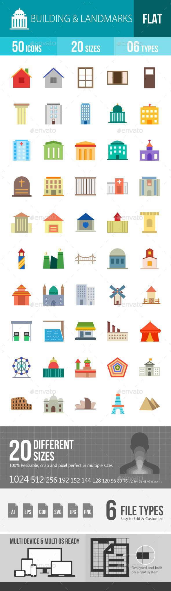 Building & Landmarks Flat Multicolor Icons - Icons