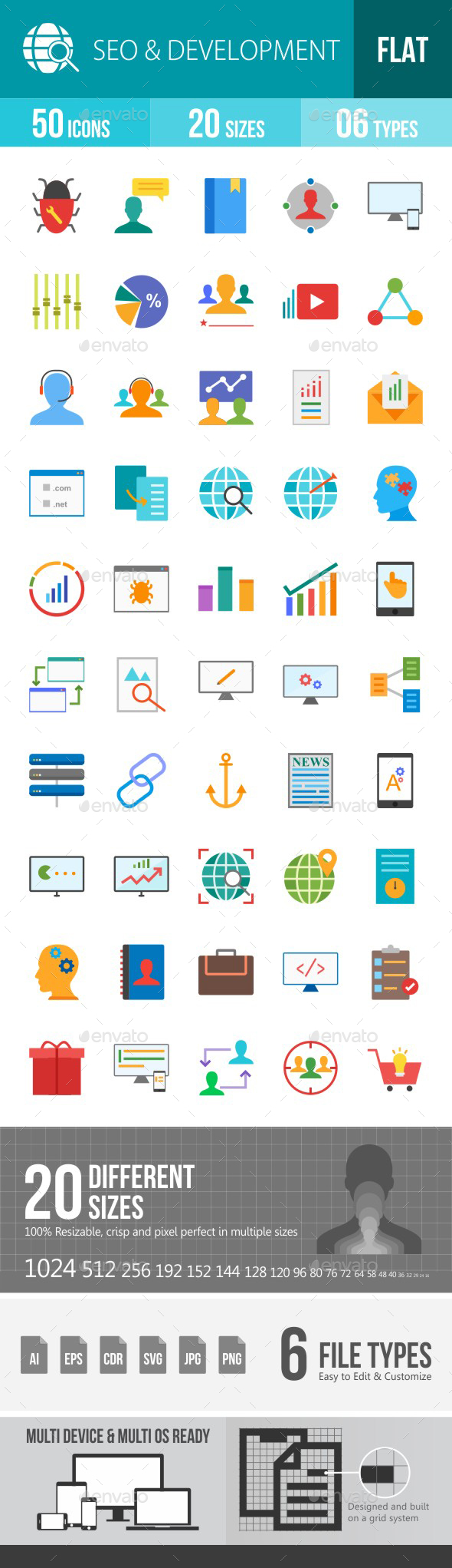 SEO & Development Services Flat Multicolor Icons - Icons