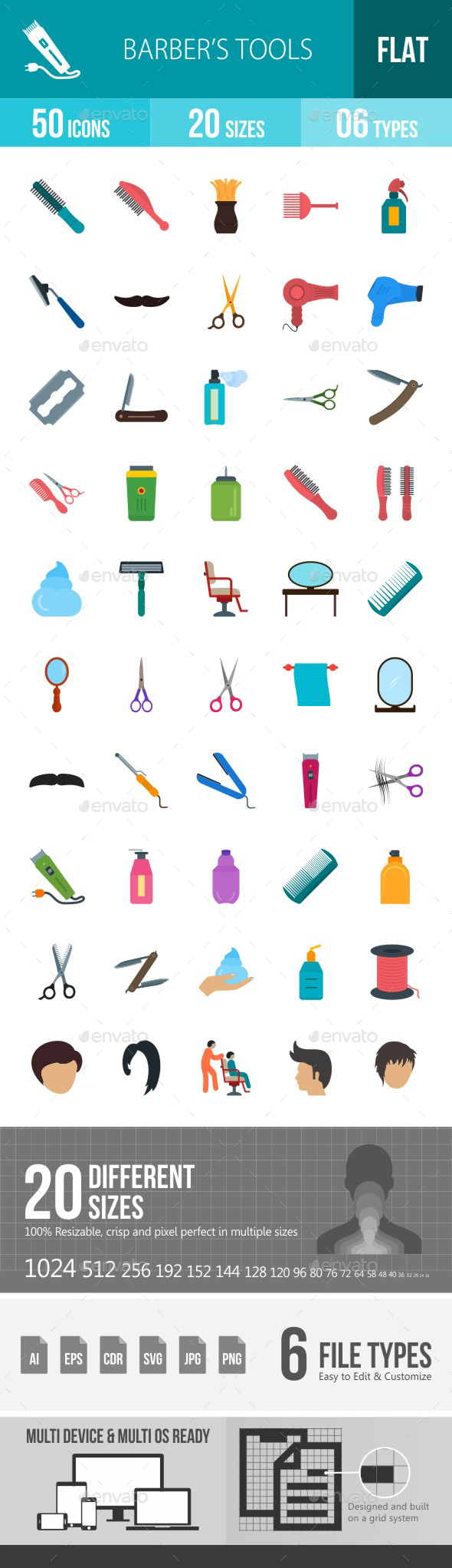 Barber's Tools Flat Multicolor Icons - Icons
