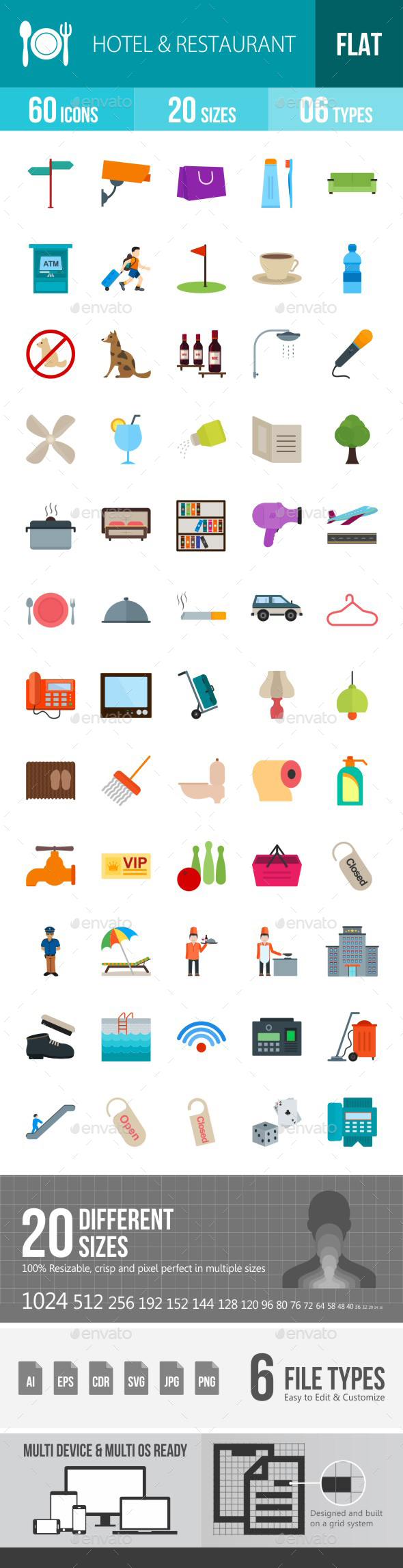 Hotel & Restaurant Flat Multicolor Icons - Icons