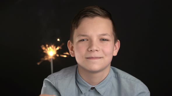 Happy Adorable Boy Holding Sparkler alt