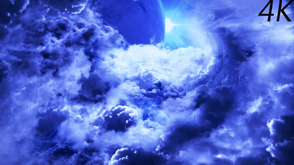 Flying Through Abstract Blue Clouds to Mysterious Planet with Star Shine on Background
