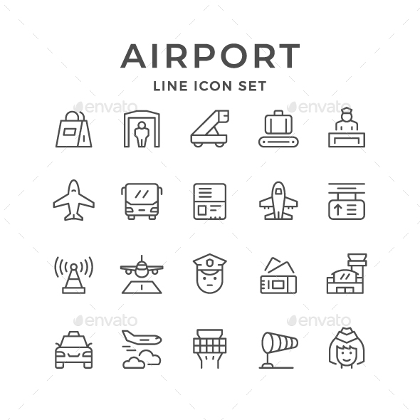 Set Line Icons of Airport - Man-made objects Objects