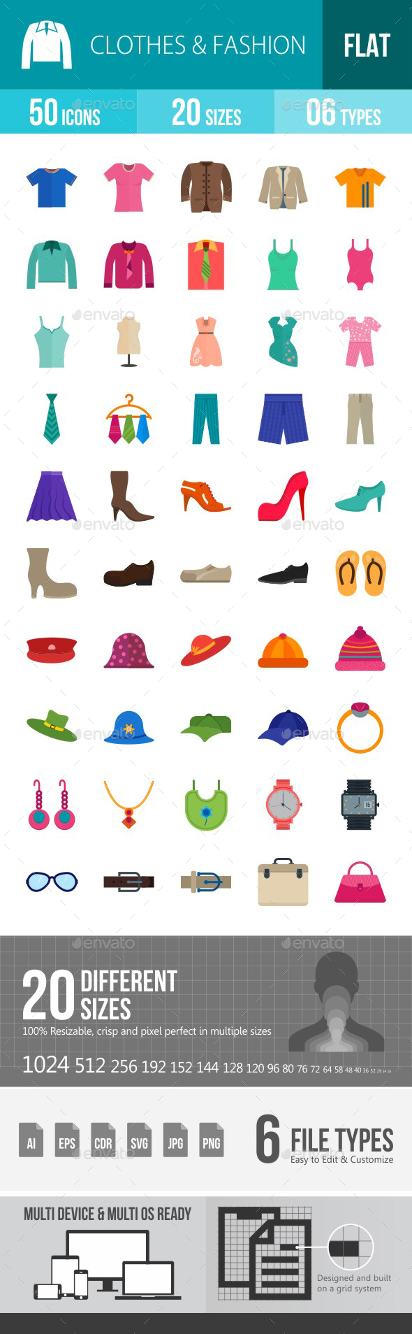 Clothes & Fashion Flat Multicolor Icons - Icons