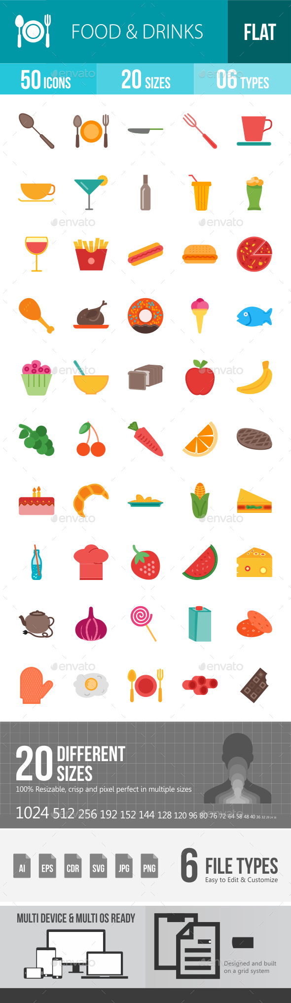 Food & Drinks Flat Multicolor Icons - Icons