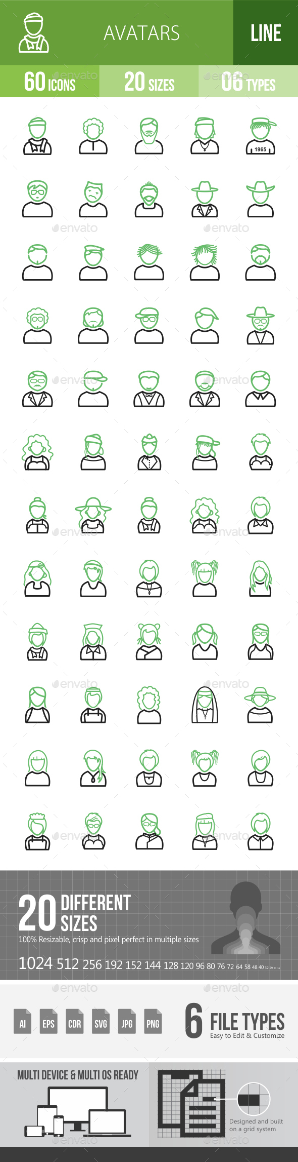 Avatars Line Green & Black Icons - Icons