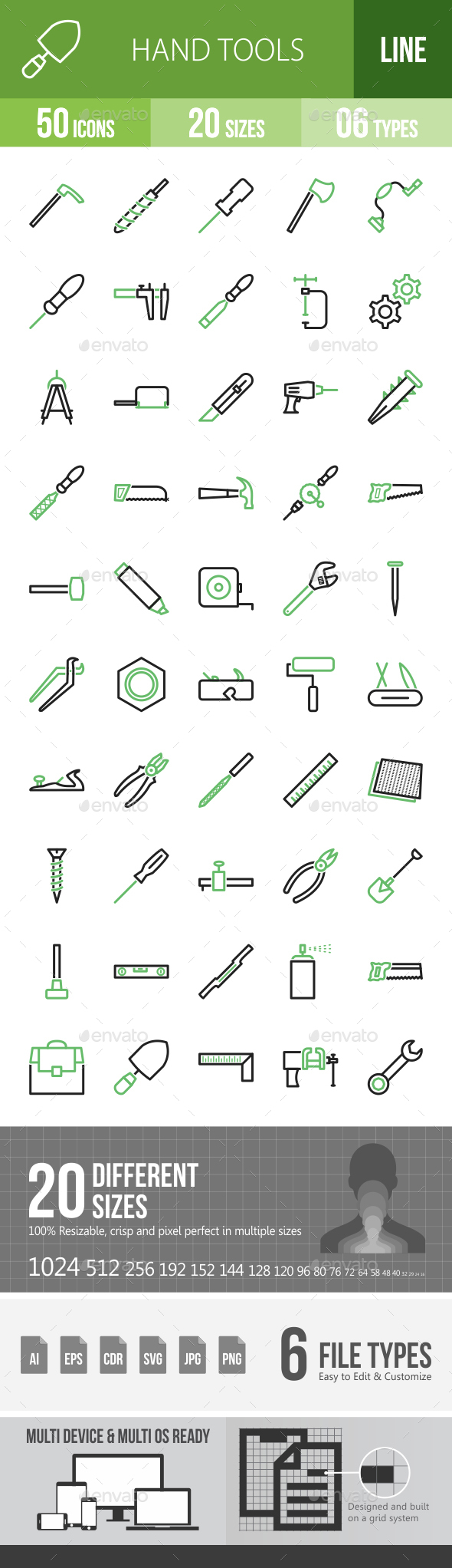 Hand Tools Line Green & Black Icons - Icons