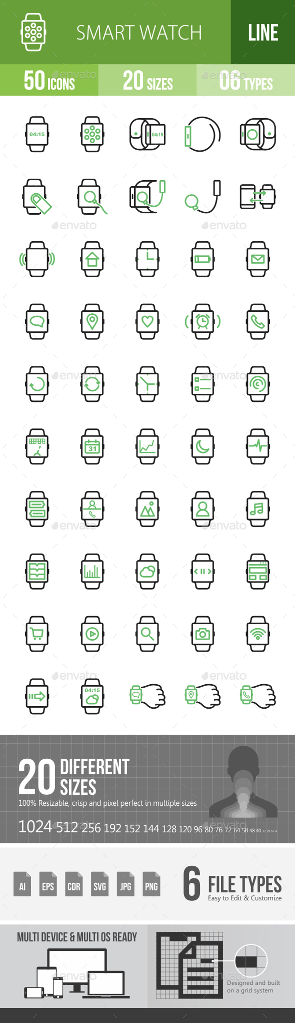Smart Watch Line Green & Black Icons - Icons
