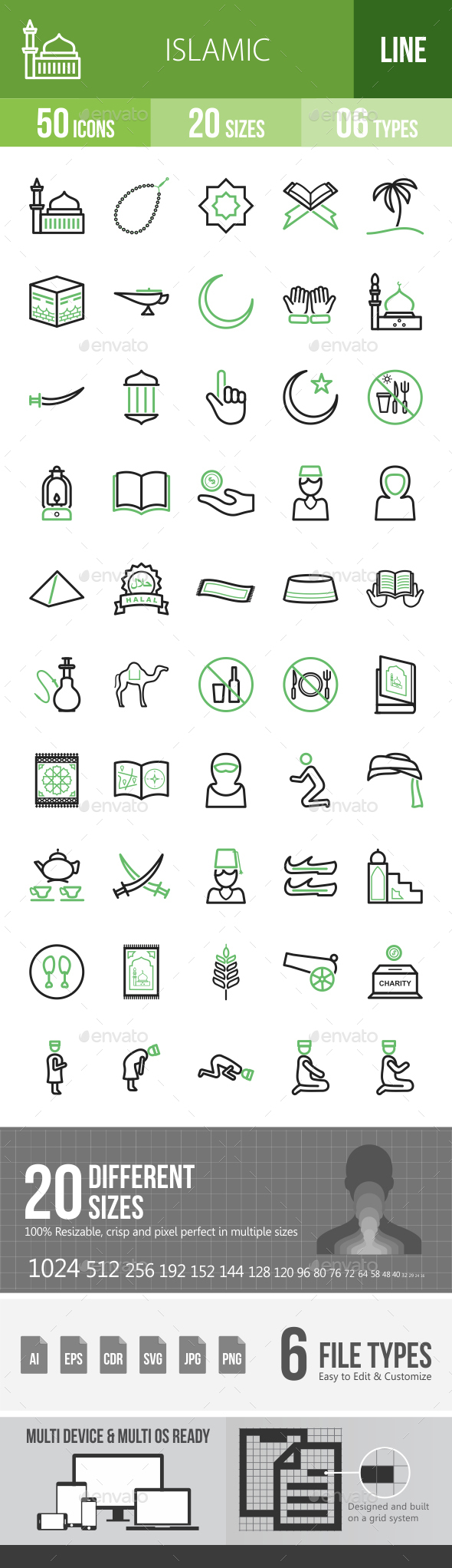 Islamic Line Green & Black Icons - Icons