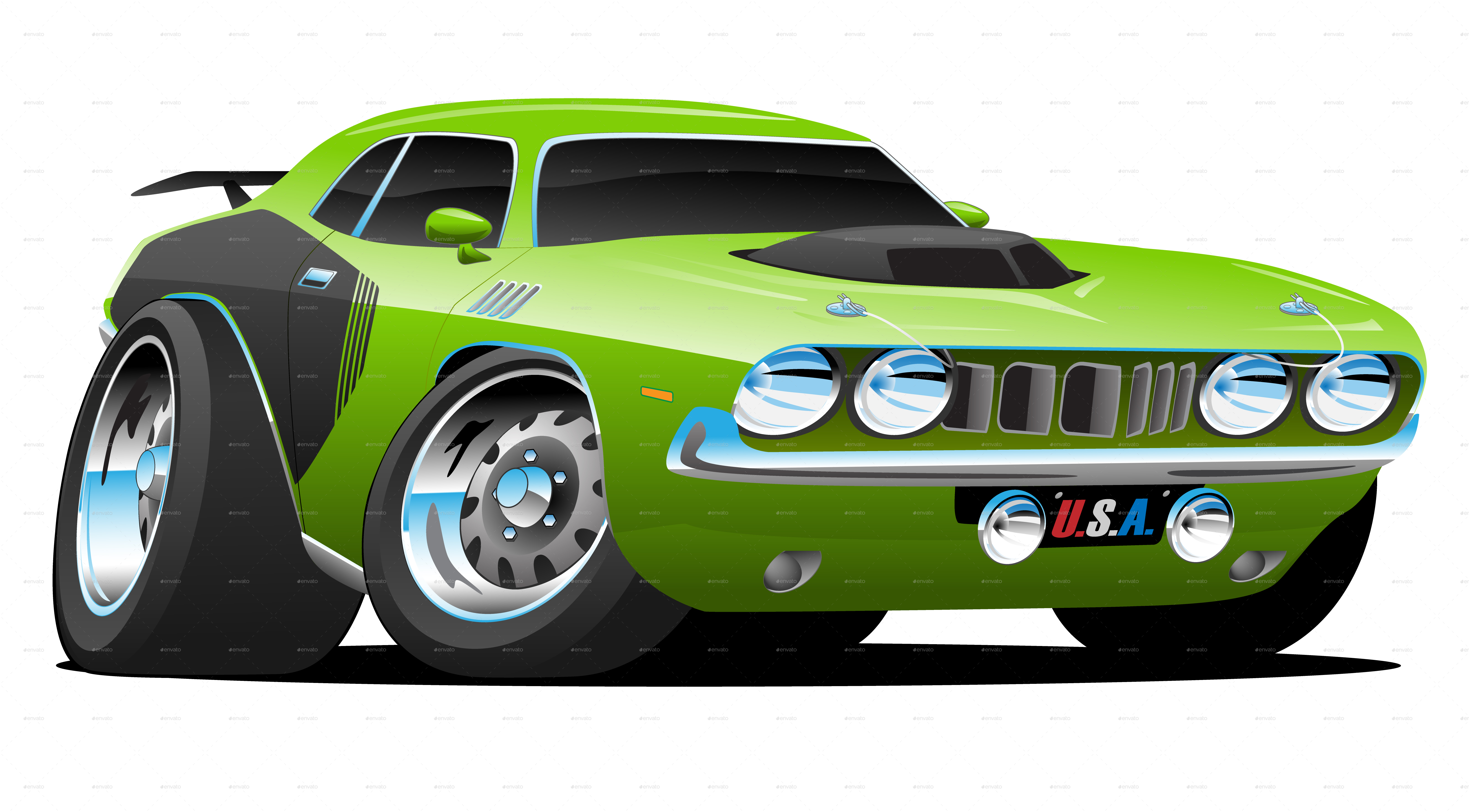 Mean Green Seventies Style Muscle Car Cartoon by jeffhobrath | GraphicRiver