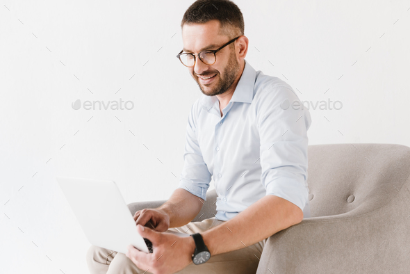 Horizontal portrait of bearded caucasian guy wearing stylish for - Stock Photo - Images
