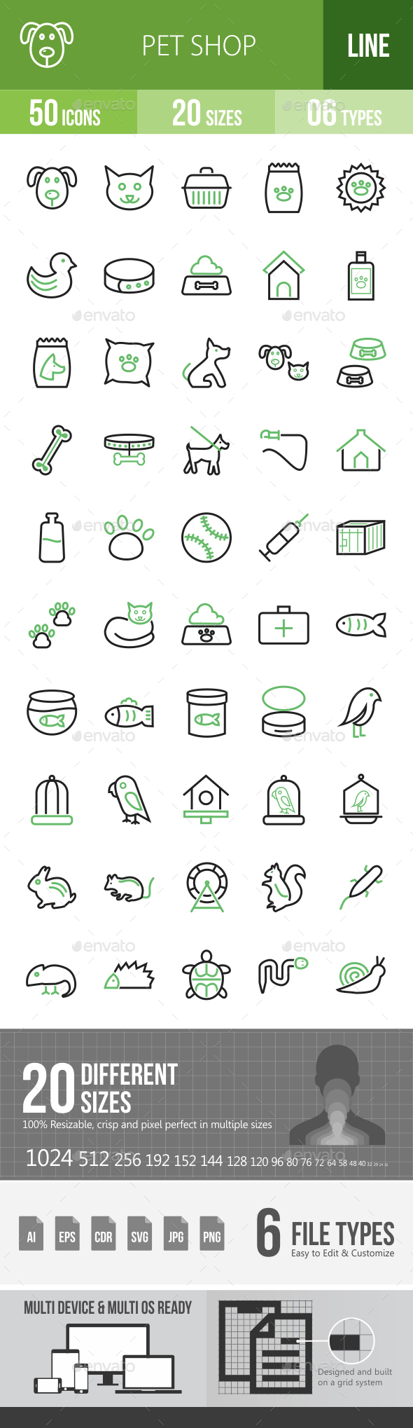 Pet Shop Line Green & Black Icons - Icons
