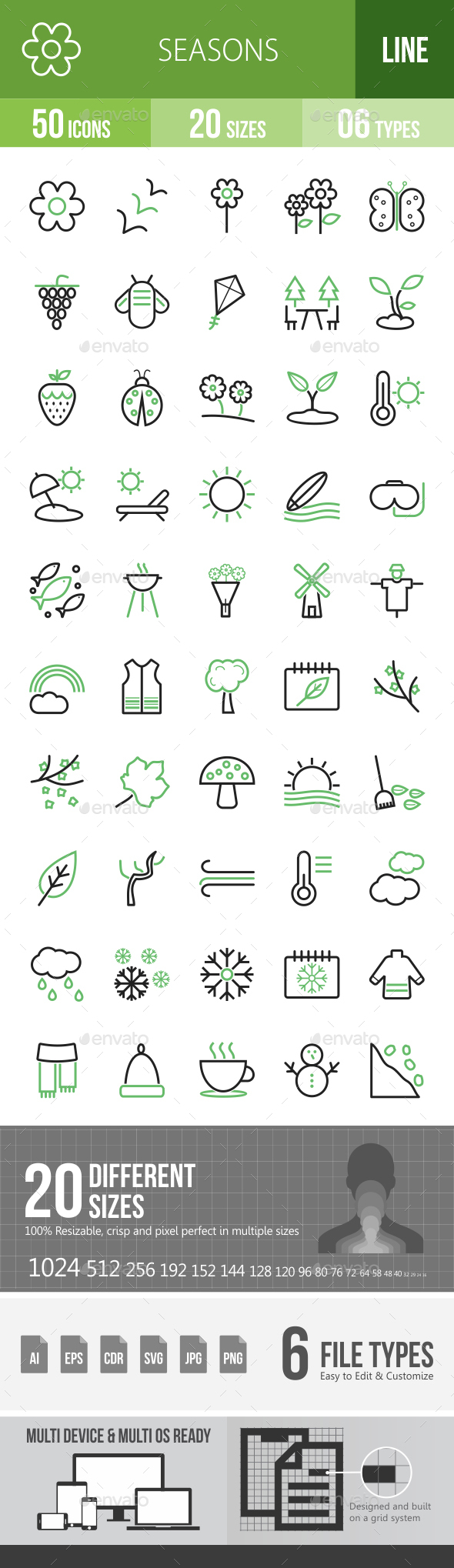 Seasons Line Green & Black Icons - Icons