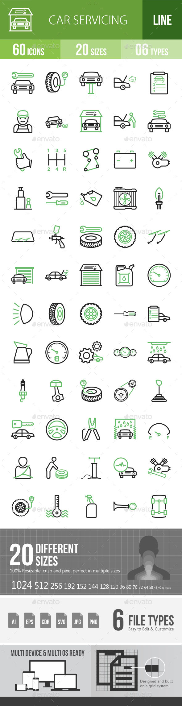 Car Servicing Line Green & Black Icons - Icons