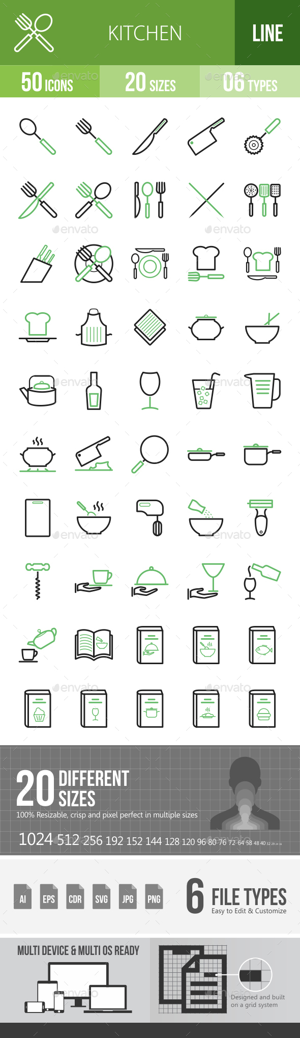 Kitchen Line Green & Black Icons - Icons