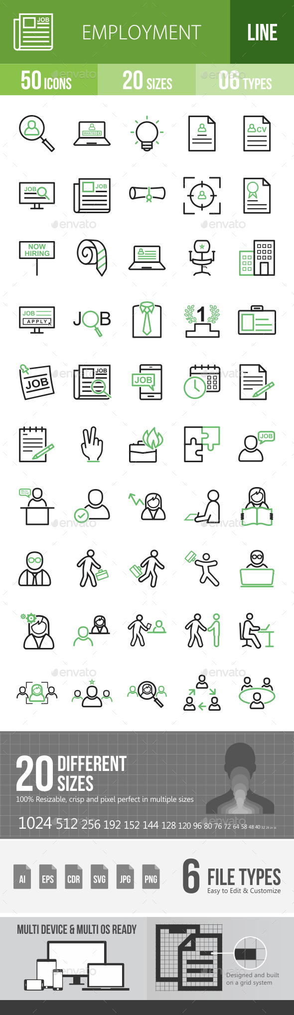 Employment Line Green & Black Icons - Icons