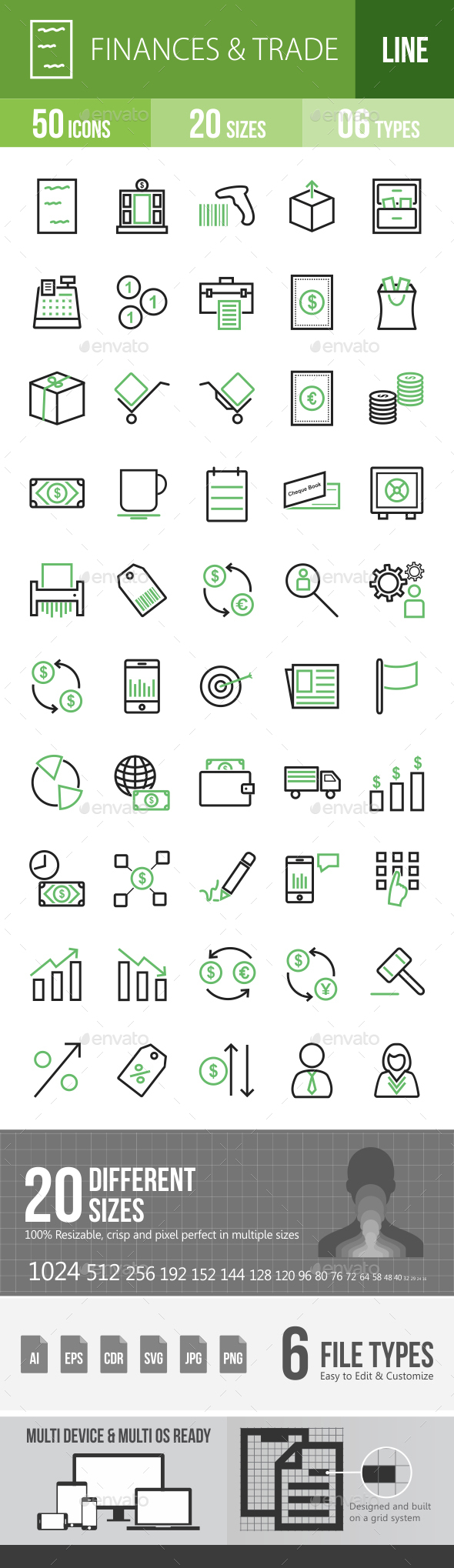 Finances & Trade Line Green & Black Icons - Icons