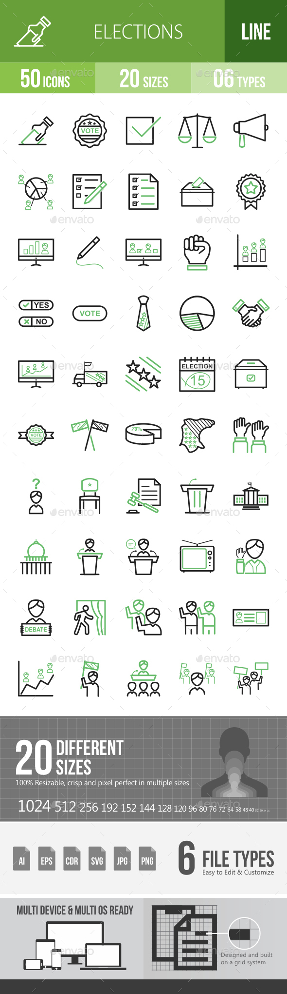 Elections Line Green & Black Icons - Icons
