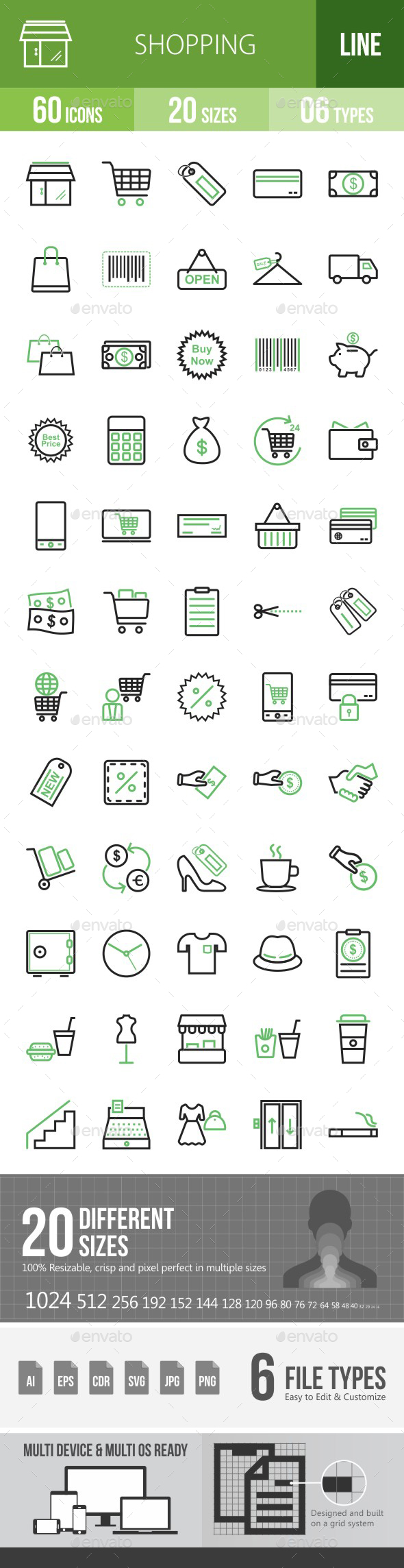 Shopping Line Green & Black Icons - Icons