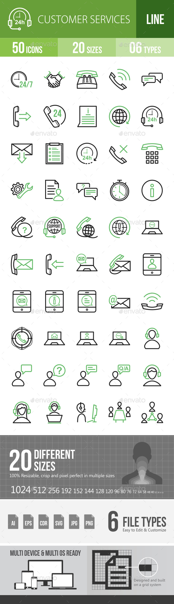Customer Services Line Green & Black Icons - Icons