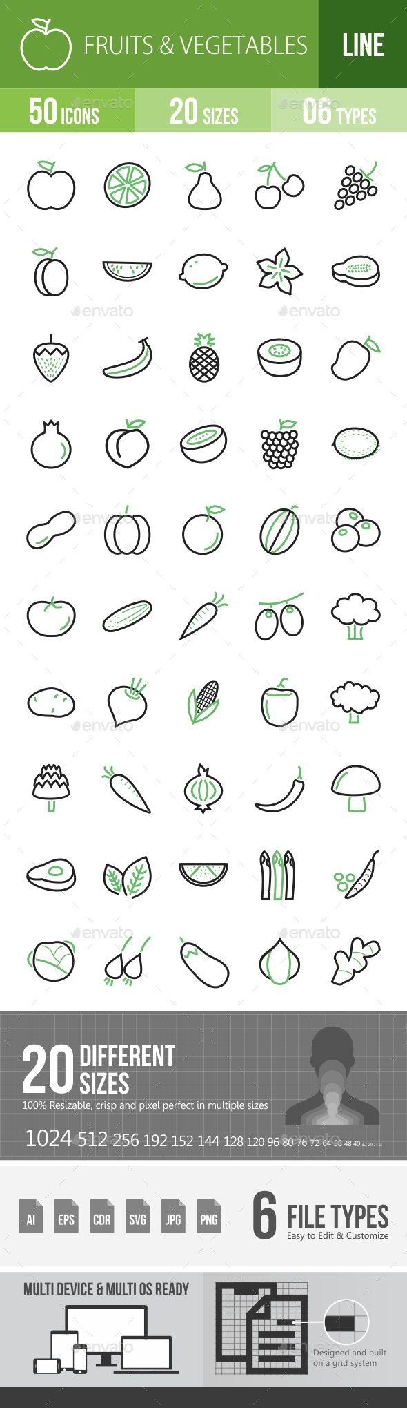 Fruits & Vegetables Line Green & Black Icons - Icons