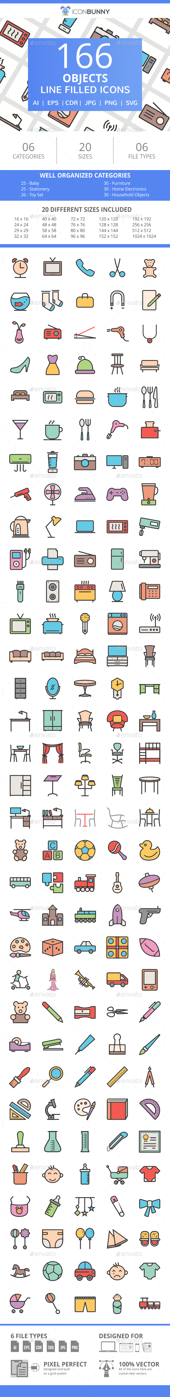 166 Objects Filled Line Icons - Icons