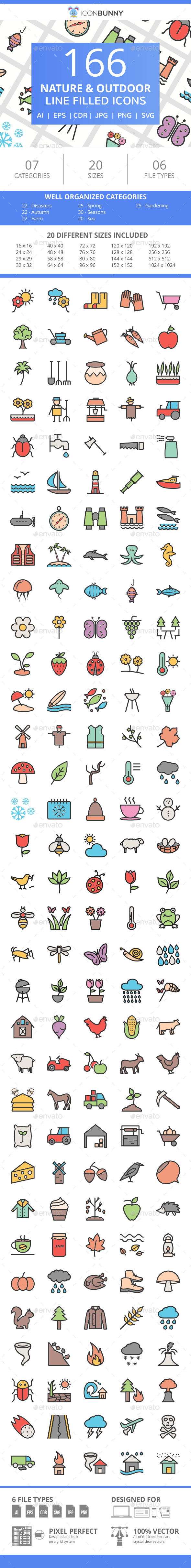 166 Nature & Outdoor Filled Line Icons - Icons
