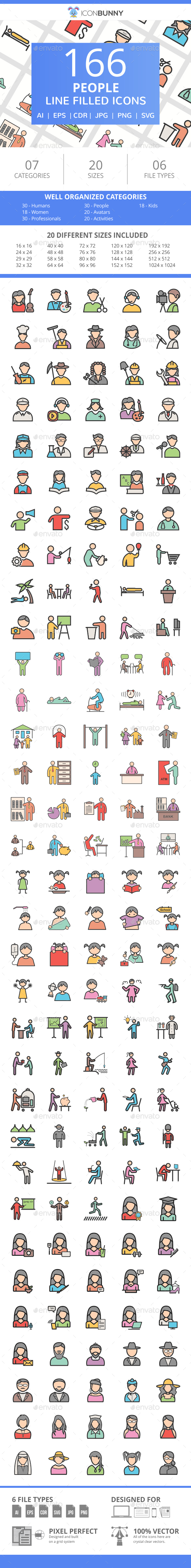 166 People Filled Line Icons - Icons