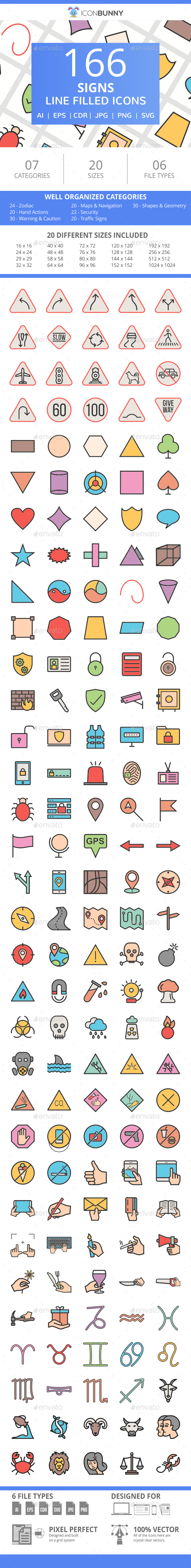166 Signs Filled Line Icons - Icons