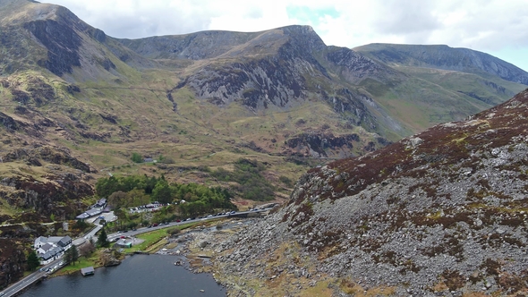 Aerial View of Ogwen Valley with Llyn Ogwen in Snowdonia, Gwynedd, North Wales, UK - Great Britain alt