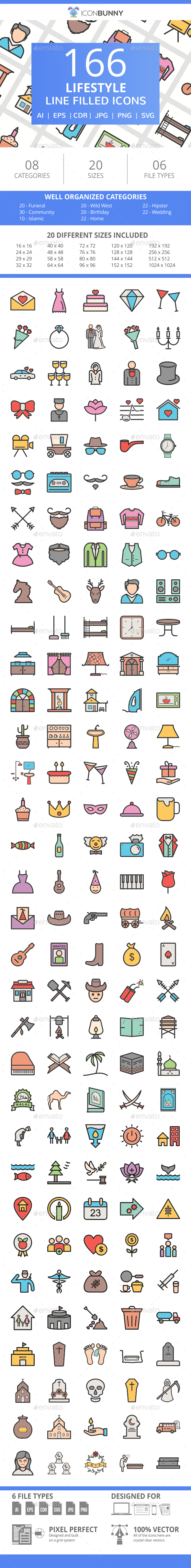 166 Lifestyle Filled Line Icons - Icons