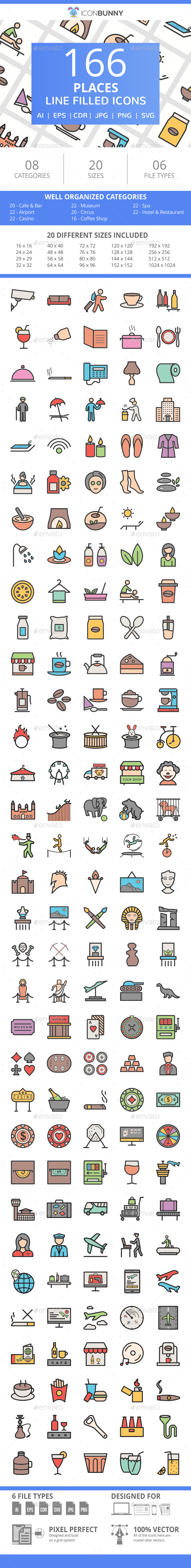 166 Places Filled Line Icons - Icons