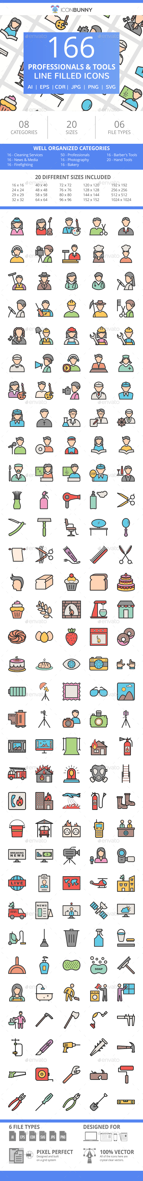 166 Professionals & their Tools Filled Line Icons - Icons