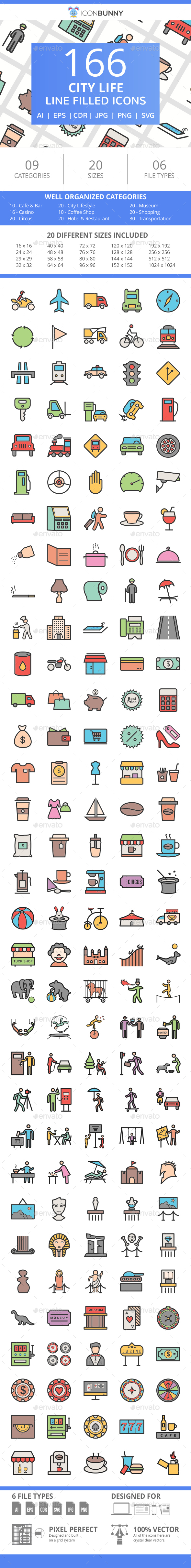 166 City Life Filled Line Icons - Icons