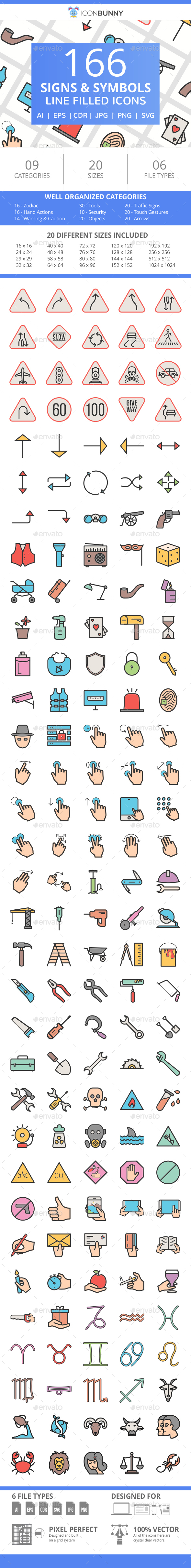 166 Signs & Symbols Filled Line Icons - Icons