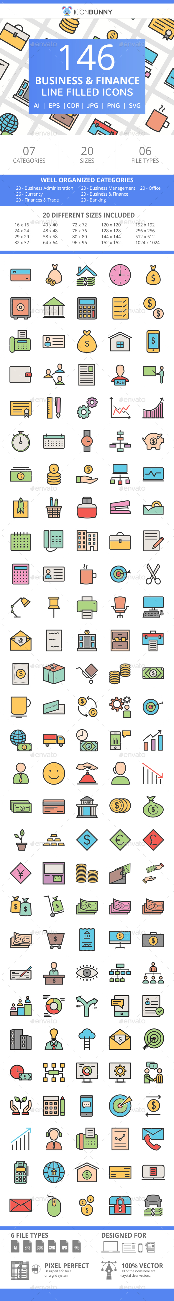 146 Business & Finance Filled Line Icons - Icons