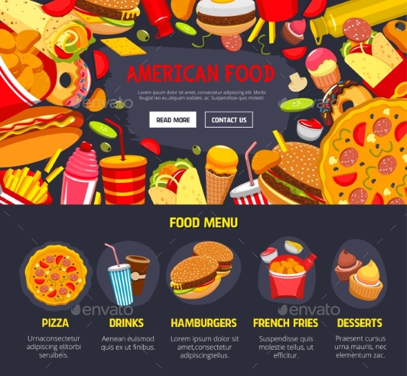 Vector Fast Food Web Site Landing Page Template - Food Objects