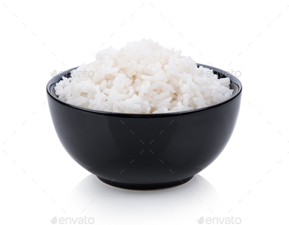 rice in black bowl on white background Stock Photo by ...