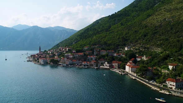 Aerial Beautiful View at Perast Town. Montenegro