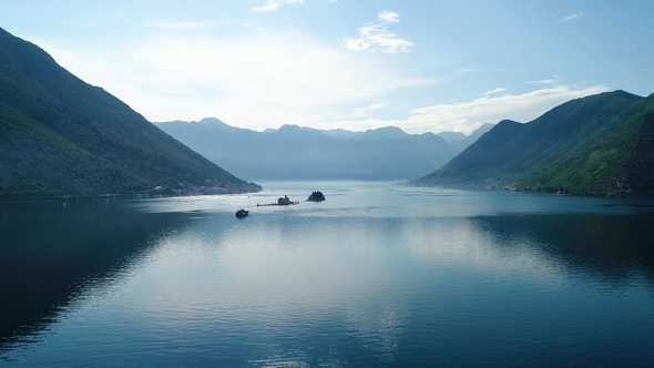 Aerial View of the Our Lady of the Rocks Church and Island of Sveti Djordje in the Kotor Bay Near