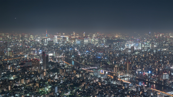 Tokyo Japan Timelapse  The South of Tokyo at Night from the Sky Tree Tower Wide Angle